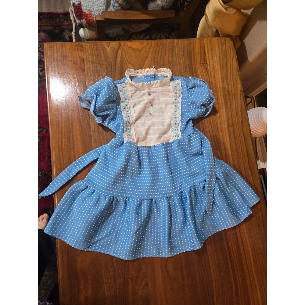 Vintage Girls Blue Swiss Dot Prairie Dress Lace Floral Bib Ruffle Cottagecore 2T